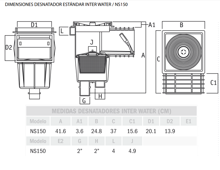Desnatador Estándar Marca Interwater Mod. NS150 de 1.5” Para Albercas, Piscinas y Spas