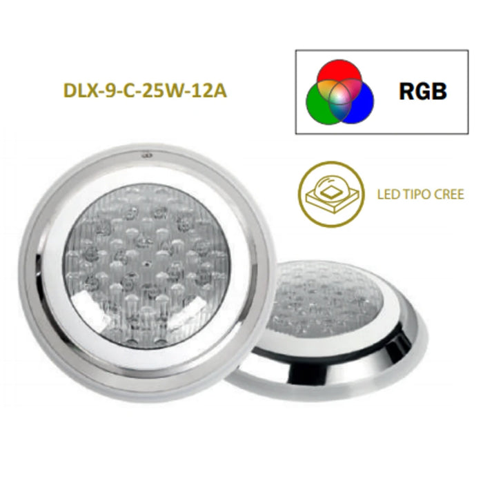 Lámpara LED para Piscina, Deluxe, PANDA, RGB, 25W, Acero Inoxidable, 9", DLX-9-C-25W-12A