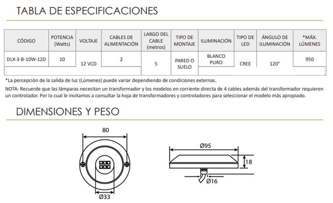 Lámpara LED para Piscina, Deluxe, PANDA, blanco puro, 10W, Acero Inoxidable, 3", DLX-3-B-10W-12D